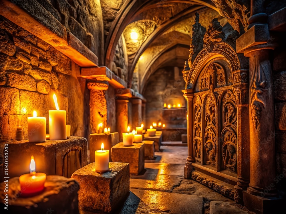 Obraz premium Mysterious Ancient Crypt with Eerie Carvings and Glowing Candles - Haunting Macro Photography