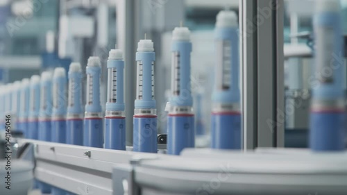 Close-up Weight Loss Medication on Conveyor Line during Production Process at Modern Pharmaceutical Factory. Insulin Injection Pens Manufacturing. Medicinal Drug Production Plant.
