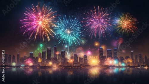 Colorful fireworks light up the city skyline on New Year's Eve celebration