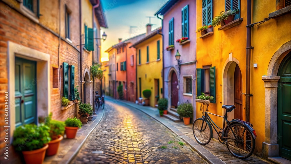 Obraz premium Narrow Fishermen's Street in Rimini with Colorful Houses and Bicycles at Dawn