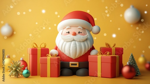 3D Cheerful Santa with Gifts and Holiday Decor