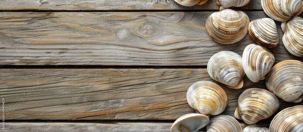 Clams arranged neatly on a rustic wooden table with ample copy space image available Clams arranged neatly on a rustic wooden table with ample copy space image available