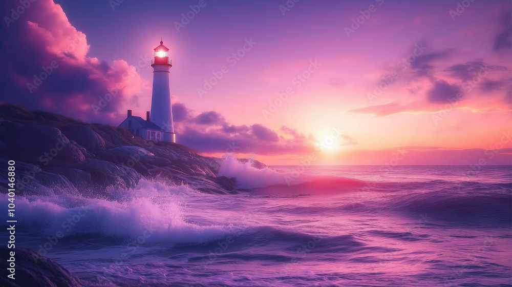 A lighthouse is on a rocky shoreline with the sun setting in the background. The waves are crashing against the rocks, creating a sense of power and movement A lighthouse is on a rocky shoreline with the sun setting in the background. The waves are crashing against the rocks, creating a sense of power and movement