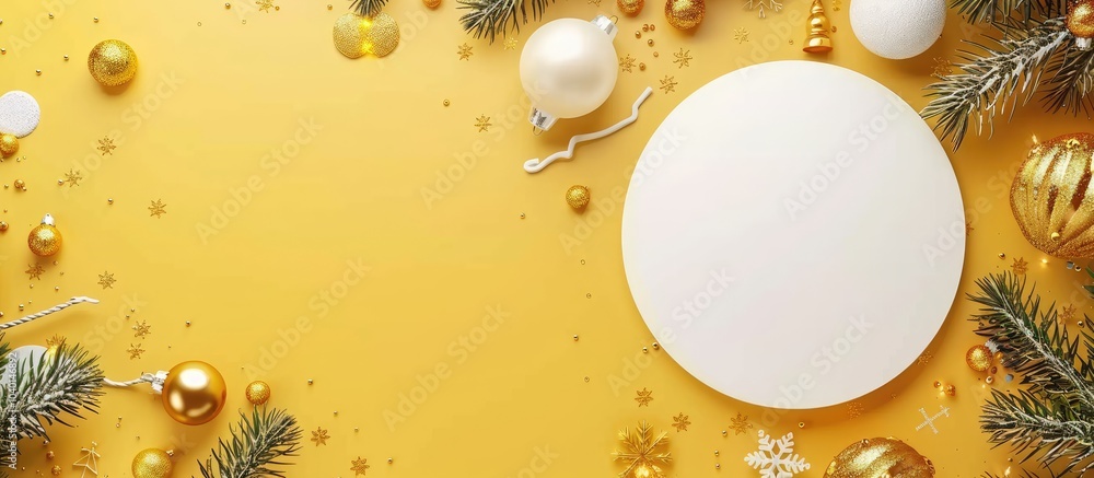 Fototapeta premium White round card with Christmas decorations on yellow backdrop with copy space image