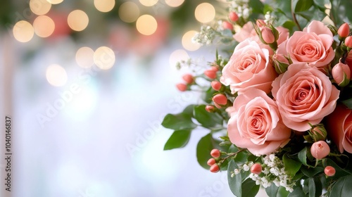 Elegant bouquet of peach roses with soft bokeh background