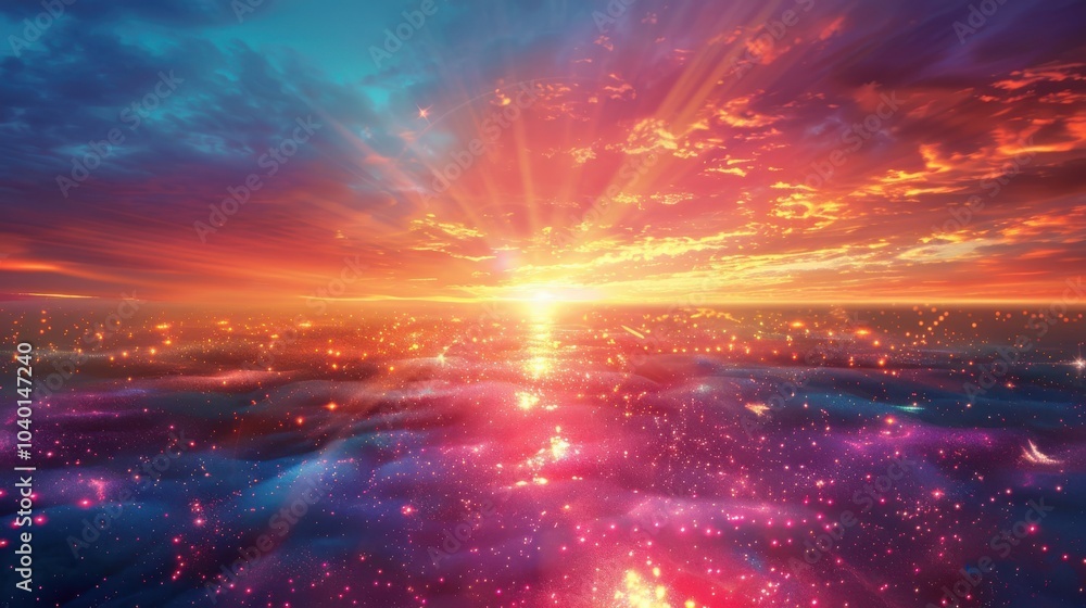 Fototapeta premium Vibrant sunset over a glowing sea of clouds with colorful light effects. Fantasy and dreamscape concept.