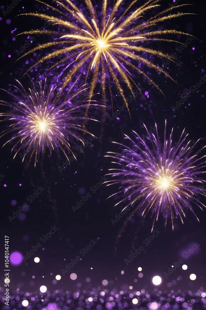 Naklejka premium Stunning gold and dark violet fireworks illuminate the New Year night sky