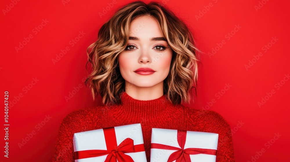 Close-up of a woman in a red dress holding silver and red Christmas presents against a solid red backdrop.