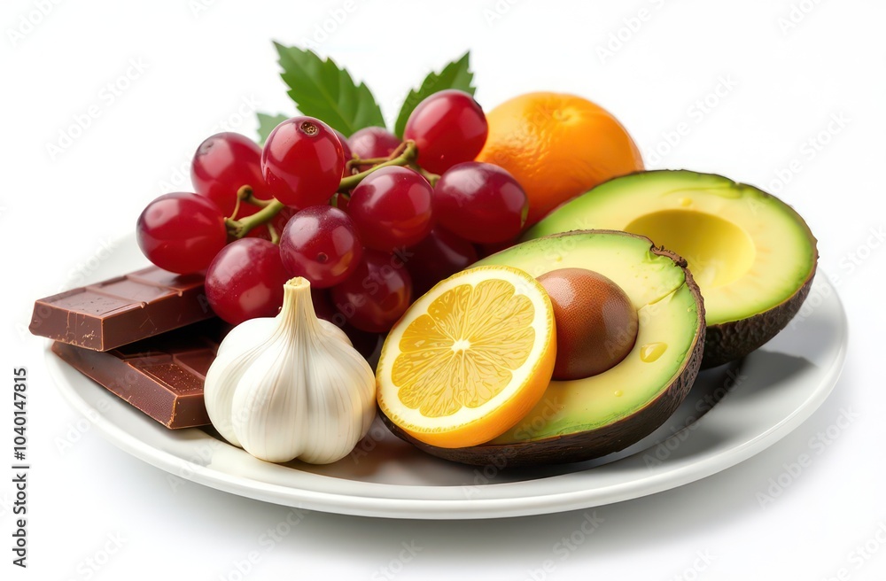 create a vivid, high quality image on a white background of the following items on a plate: chocolate, grapes, onions, garlic, avocado, citrus, coffee create a vivid, high quality image on a white background of the following items on a plate: chocolate, grapes, onions, garlic, avocado, citrus, coffee