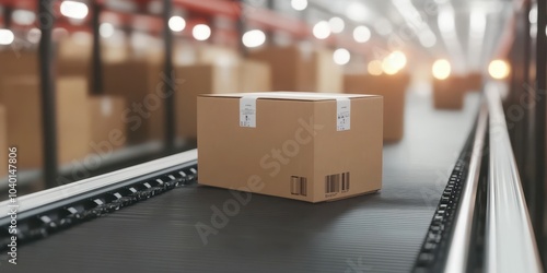 Cardboard box on conveyor belt in a warehouse setting, blurred background.