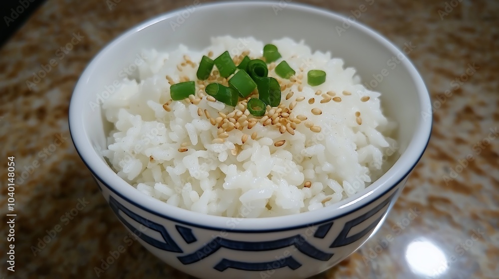 A bowl of steamed rice topped with sesame seeds and green onions A bowl of steamed rice topped with sesame seeds and green onions