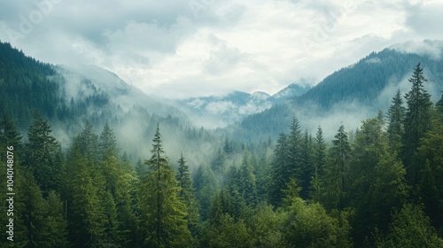 Lush green forests of the Pacific Northwest, with space for text in the sky