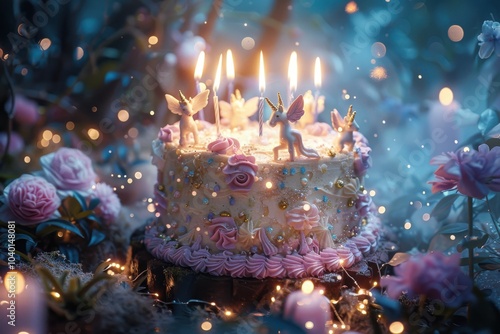 Magical unicorn-themed birthday cake decorated with candles, flowers, and sparkles, creating a dreamy atmosphere with soft lighting.