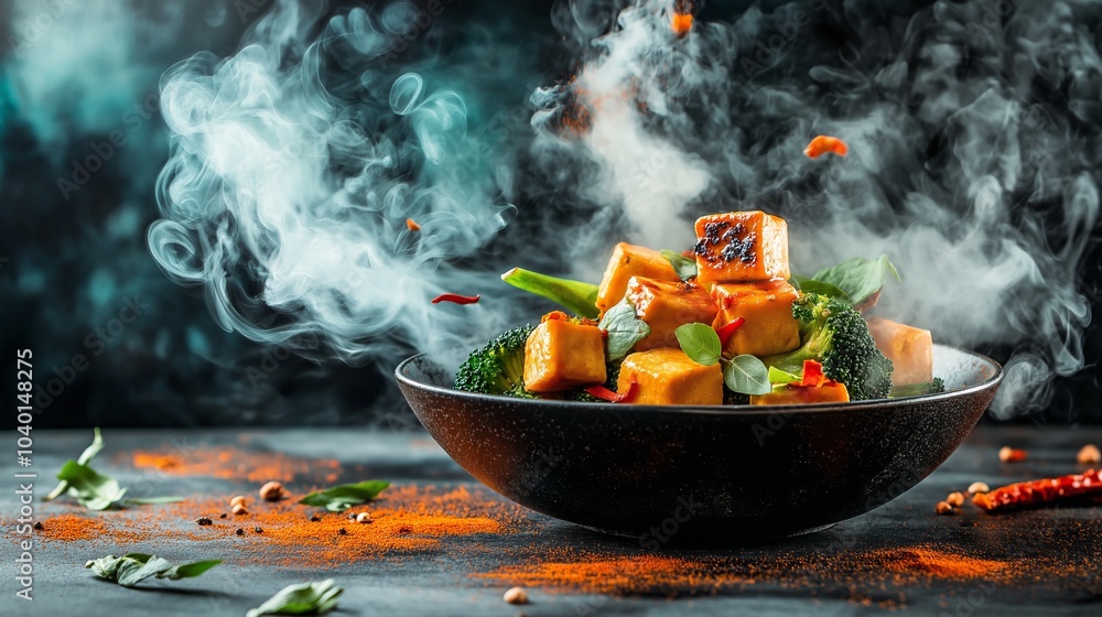 Steaming bowl of tofu and broccoli with spices Steaming bowl of tofu and broccoli with spices