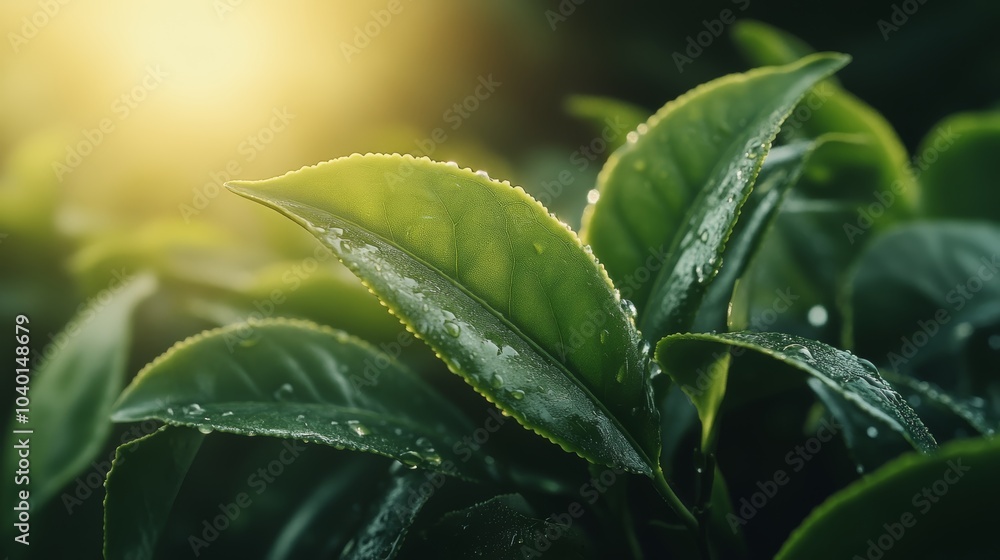 Dew-covered green leaves bask in warm sunlight, highlighting the freshness and vitality of nature. Dew-covered green leaves bask in warm sunlight, highlighting the freshness and vitality of nature.