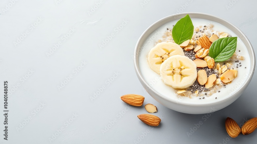 Healthy breakfast bowl with yogurt, bananas, and nuts Healthy breakfast bowl with yogurt, bananas, and nuts