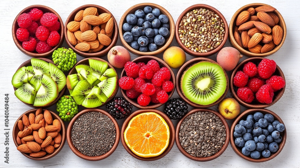 Assortment of fresh fruits, nuts, and seeds in wooden bowls Assortment of fresh fruits, nuts, and seeds in wooden bowls