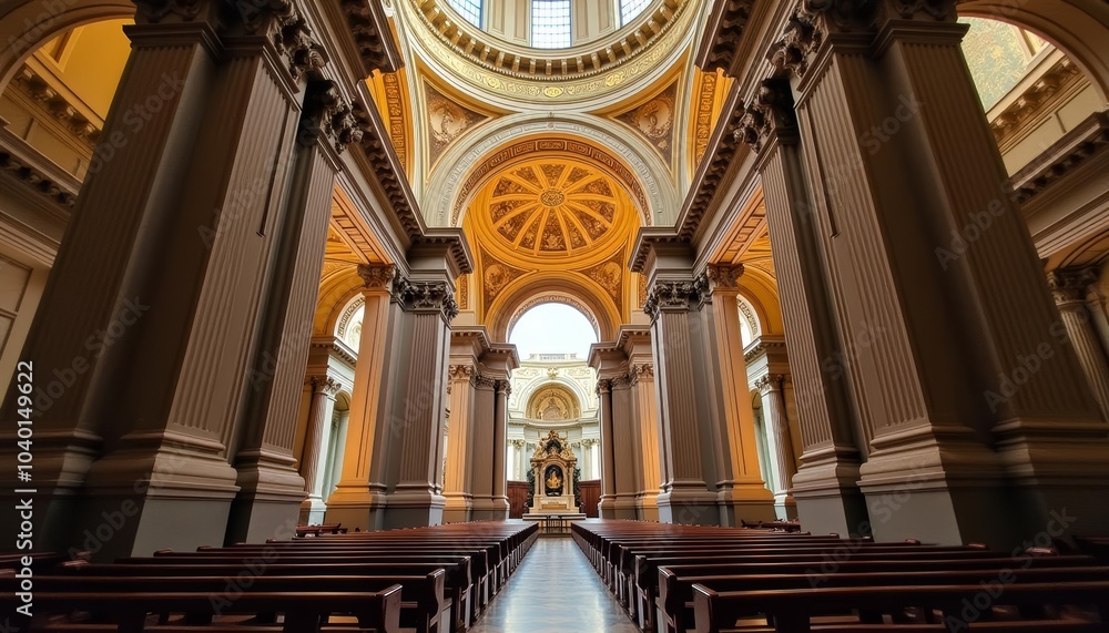 Obraz premium Elegant interior of a grand cathedral with ornate architecture and rows of pews