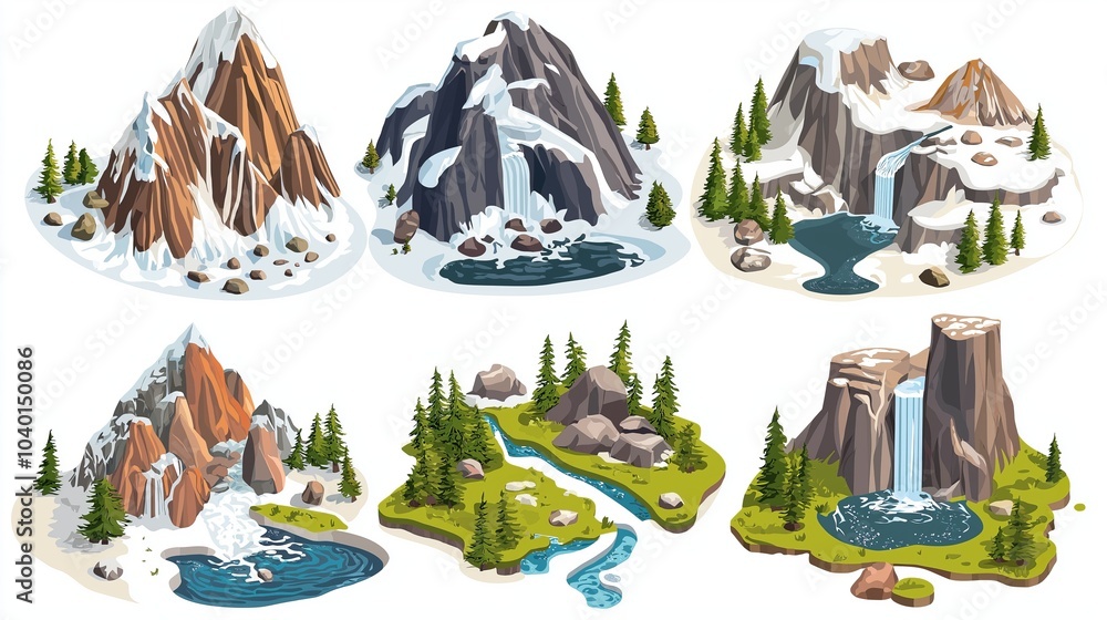 Collection of isometric mountains with waterfalls and lakes Collection of isometric mountains with waterfalls and lakes