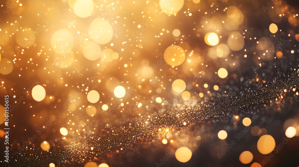 A stunning display of glittering golden bokeh lights scattered across a dark surface, creating a magical and luxurious atmosphere A stunning display of glittering golden bokeh lights scattered across a dark surface, creating a magical and luxurious atmosphere