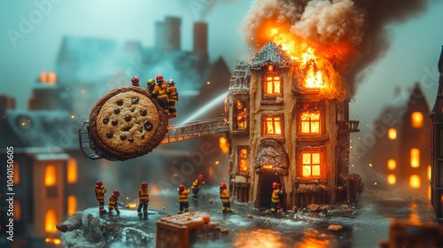 Miniature firefighters battling flames to save residents from a whimsical cookie structure engulfed in fire, an imaginative rescue scene
