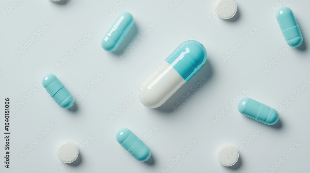 Pills and a white blue capsule on a light background. Pills and a white blue capsule on a light background.