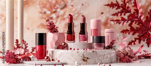 Various cosmetic items like nail polish and lipsticks in shades of pink and red are elegantly displayed in cosmetic packaging on a marble stone podium embellished with decorative pearls and dried flo