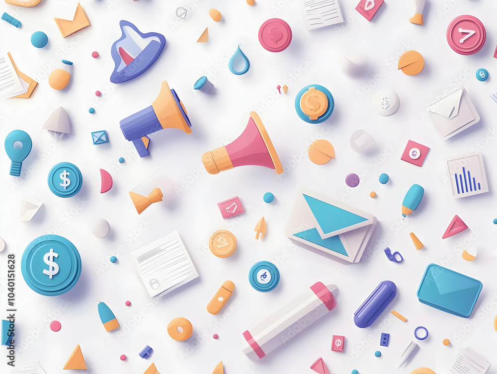 Flat Soft Abstract Background Marketing Finance Icons Concept Pastel Shades Holographic Megaphones Dollar Signs Isolated Business Advertising Versatile Copy Space Simple Vector Illustration Flat Soft Abstract Background Marketing Finance Icons Concept Pastel Shades Holographic Megaphones Dollar Signs Isolated Business Advertising Versatile Copy Space Simple Vector Illustration