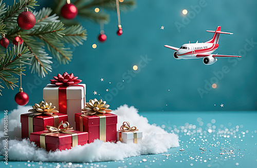 Small airplane with christmas gifts on christmas background, top view, space for text