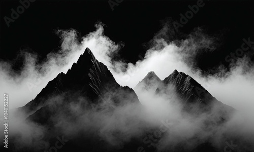 Abstract black white rocks are shrouded in fog on black background. BW misty minimalistic concept. Creative grunge graphic mountain backdrop. Monochrome wallpaper, design, interior poster, copy space