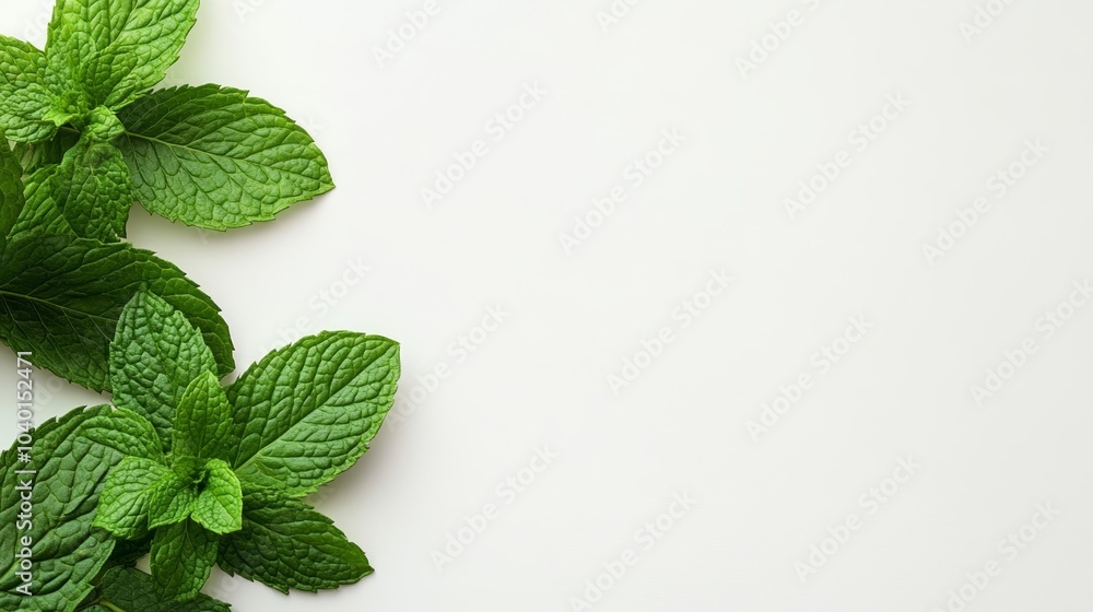 Fresh mint leaves arranged aesthetically, showcasing vibrant green color and texture against a light background. Fresh mint leaves arranged aesthetically, showcasing vibrant green color and texture against a light background.