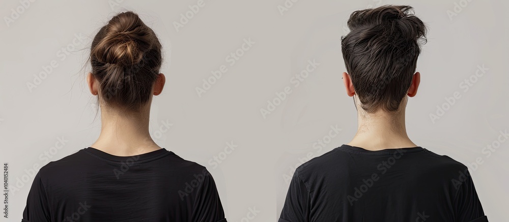 Collage of back view images featuring a woman and a man in black t shirts against a white backdrop with copy space image Collage of back view images featuring a woman and a man in black t shirts against a white backdrop with copy space image