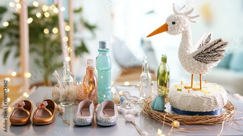 A baby shower cake decorated with a stork figurine, surrounded by baby shoes, bottles, and a string of lights, on a white table.