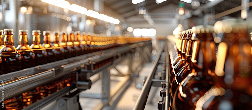Modern food production line featuring a brewery conveyor filled with brown glass beer bottles with a clear background for a copy space image Modern food production line featuring a brewery conveyor filled with brown glass beer bottles with a clear background for a copy space image
