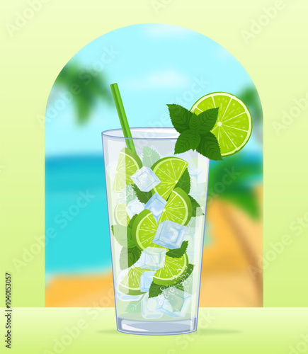 Refreshing mojito cocktail standing on table with tropical beach view