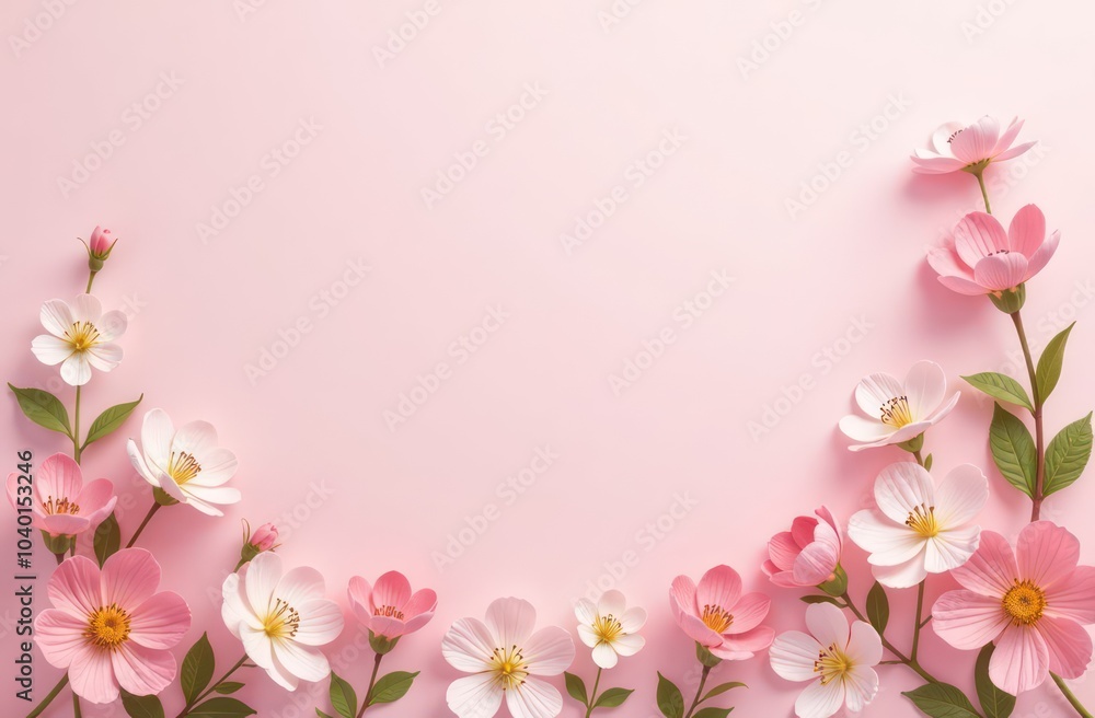 Fototapeta premium light pink background with spring leaves and flowers