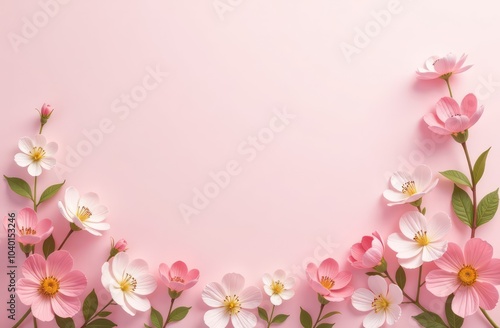 light pink background with spring leaves and flowers