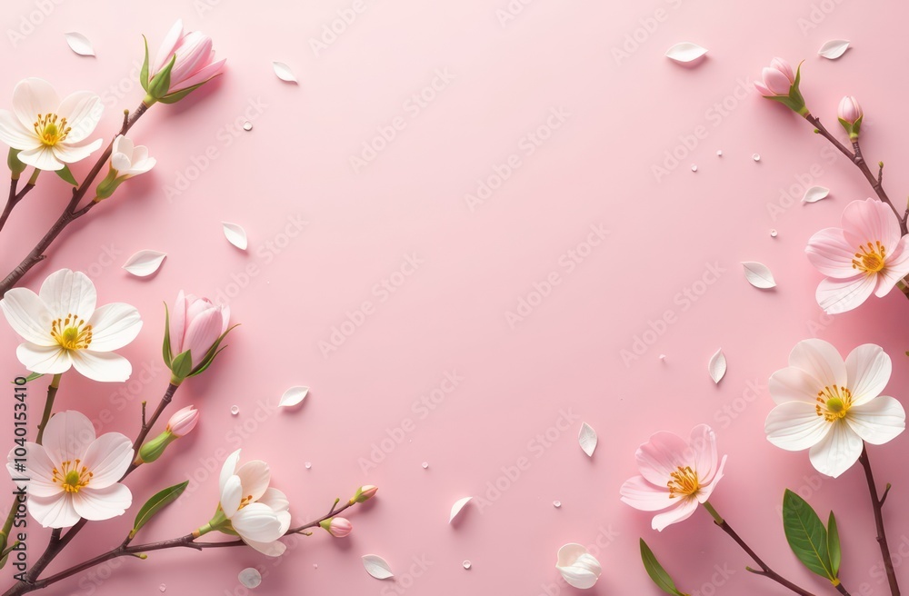 light pink background with spring leaves and flowers light pink background with spring leaves and flowers