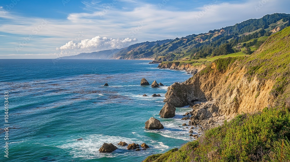 Fototapeta premium Pacific coastline with rugged cliffs and calm waves, leaving space for copy