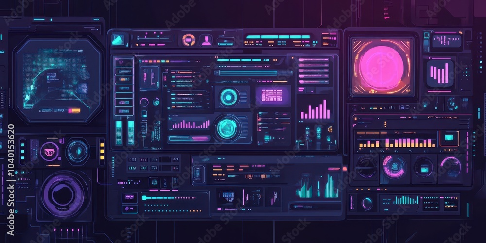 Futuristic user interface with glowing elements and data visualizations. Futuristic user interface with glowing elements and data visualizations.