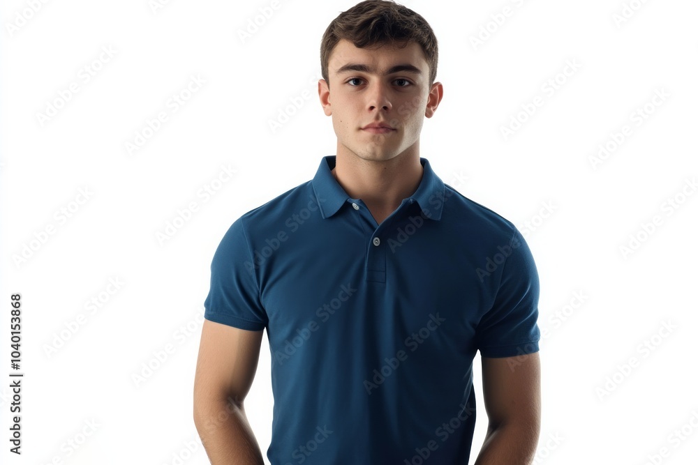 Fototapeta premium the young guy in blue polo t-shirt on white background