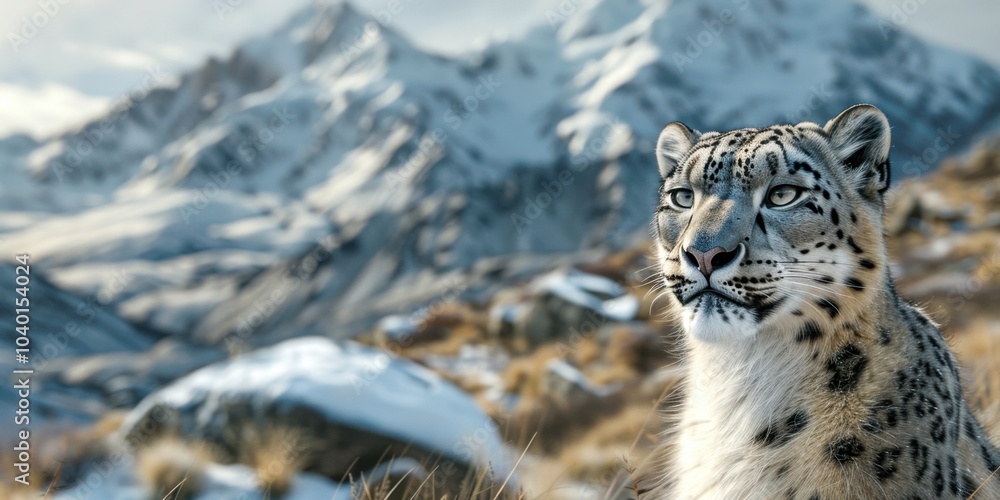 Obraz premium Portrait of a Snow Leopard with blurred snowy mountain range background, copy space, cinematic 