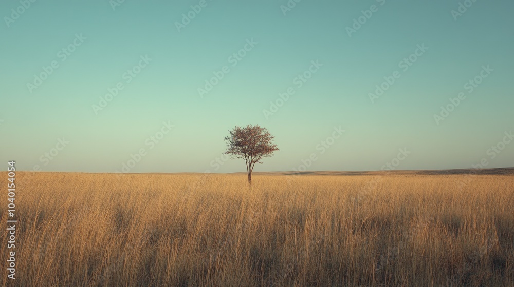 Fototapeta premium Quiet African grassland at dusk with a distant horizon, leaving room for copy