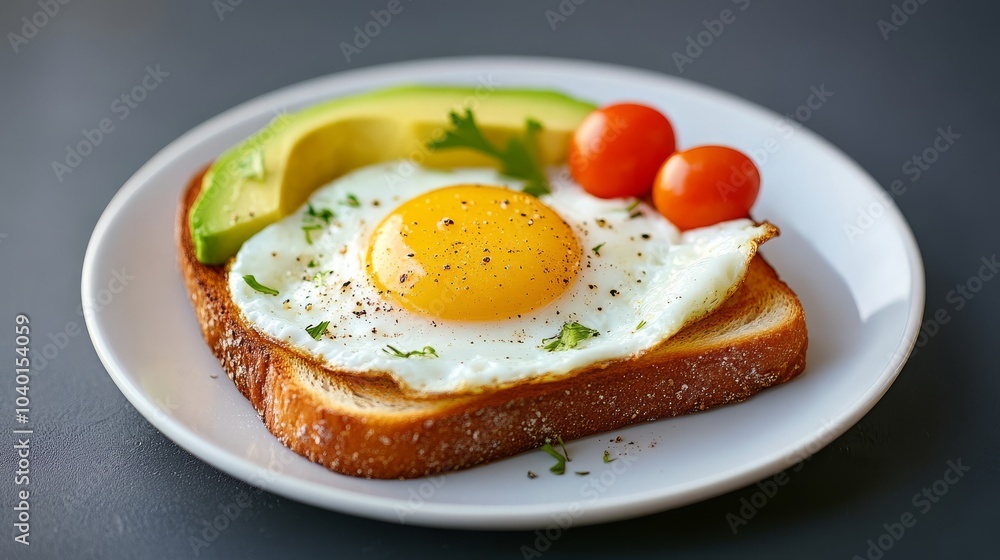 Delicious breakfast plate with fried egg, avocado, and tomatoes Delicious breakfast plate with fried egg, avocado, and tomatoes