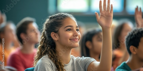 Happy student raising hand in classroom during interactive learning session. photo