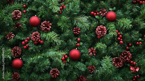 Festive elegance a cozy arrangement of holiday ornaments and pine cones amidst lush foliage for a joyful christmas celebration