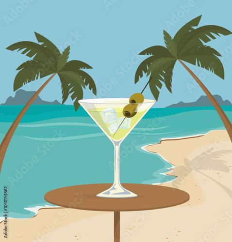 Tropical cocktail standing on table overlooking sandy beach and ocean