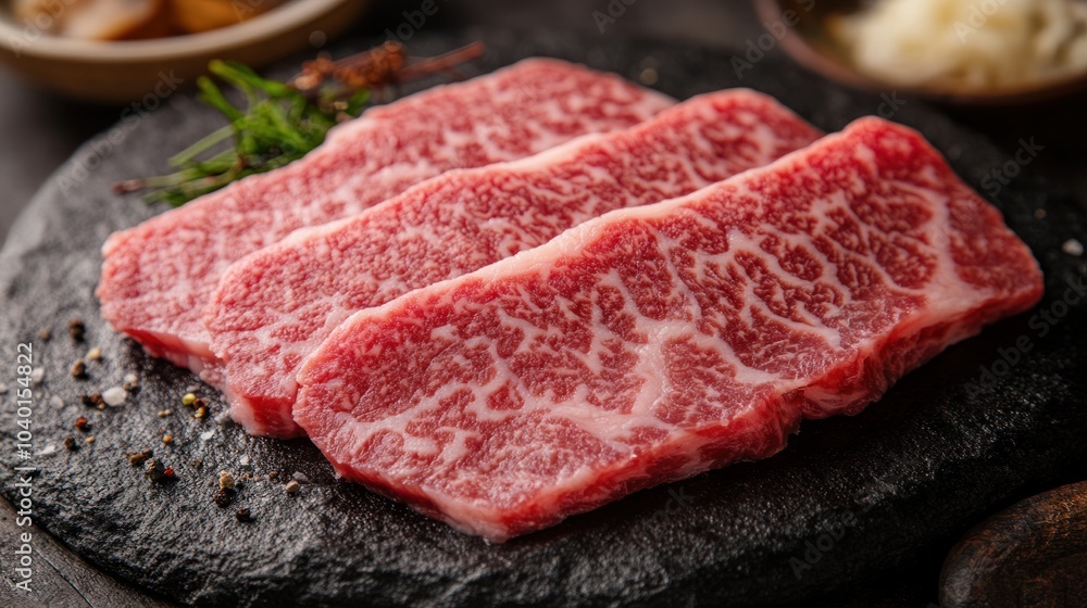Japanese Wagyu beef slices, with close-up details of the marbled texture Japanese Wagyu beef slices, with close-up details of the marbled texture