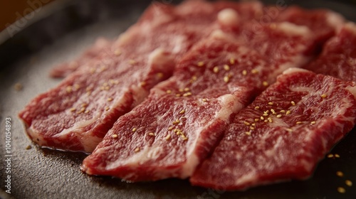 Japanese Wagyu beef slices, with close-up details of the marbled texture