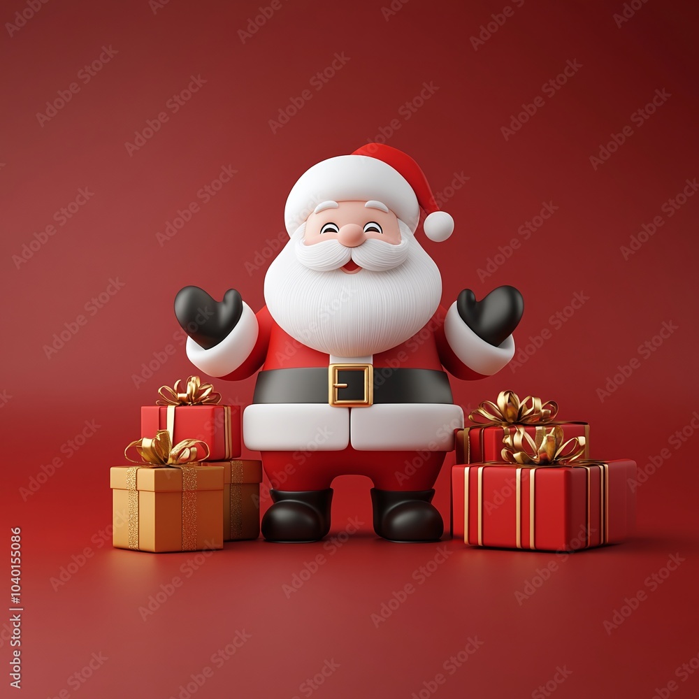 3D Cheerful Santa with Gifts on Red Background 3D Cheerful Santa with Gifts on Red Background